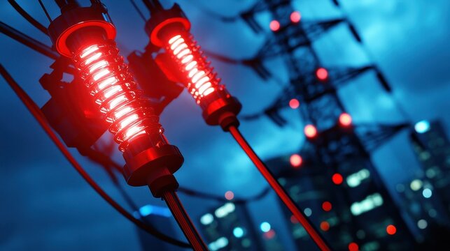 High-voltage power lines with glowing red isolators in a dark urban landscape, showcasing energy transmission in a modern city at night with dramatic lighting effects