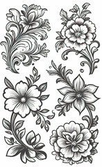 Fototapeta premium Set of floral corners with minimalistic plant pattern, vector illustration, monochrome, isolated on white background