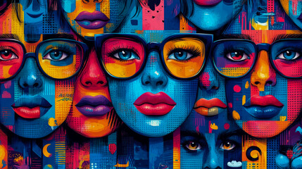 Obraz premium A vivid mural showcases multiple stylized faces with glasses, blending bold colors and abstract patterns in a lively urban atmosphere