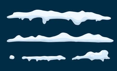 Snow cap. Snowdrifts decorative. Shapes with icicles. Winter frame decoration collection. Snowy roof effect season. Frost weather icy heaps. White frozen vector cartoon flat isolated illustration set