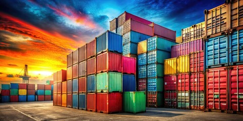 Fototapeta premium Colorful Stacked Shipping Containers in Industrial Port with Vibrant Hues and Weathered Textures for Dynamic Visuals and Copy Space