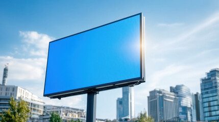 Obraz premium Product mockup and ads Digital billboard in city square with clear blue sky and modern buildings. vibrant urban setting enhances advertising potential