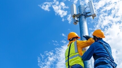Two workers in hard hats install telecommunications equipment on a tall pole against a clear blue sky with clouds.