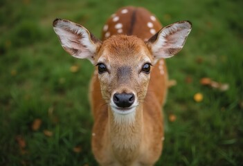 Fototapeta premium A young deer with large brown eyes and a friendly expression, standing in a grassy field