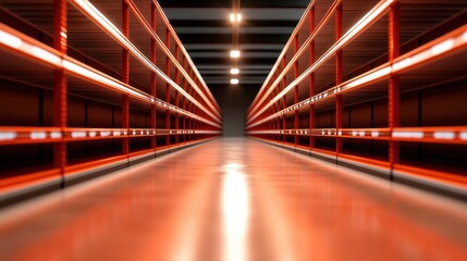 Obraz premium Empty Retail Aisle with Illuminated Shelves in a Modern Store Interior Creating an Atmosphere of Transition and Anticipation for Shoppers and Merchants