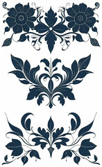 Fototapeta premium Set of floral corners with minimalistic plant pattern, vector illustration, monochrome, isolated on white background