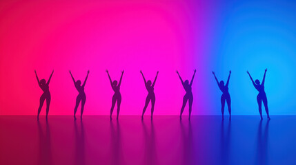 Group Dance Class Fun Concept. Silhouettes of dancers pose against a vibrant pink and blue gradient background, showcasing movement and energy.