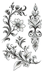 Fototapeta premium Set of floral corners with minimalistic plant pattern, vector illustration, monochrome, isolated on white background