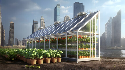 A solar-powered vertical greenhouse that uses solar energy to run climate control systems and grow food in urban environments, enhancing local food production.
