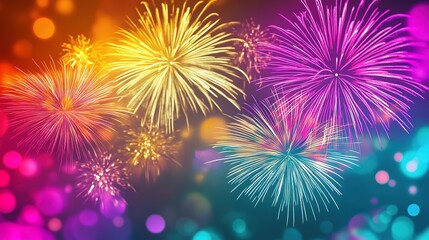 Fototapeta premium Vibrant fireworks display with colorful bokeh lights.