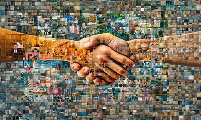 A mosaic of diverse photos forms a handshake, symbolizing connection and diversity - Powered by Adobe