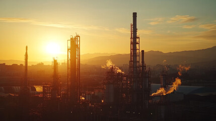 Obraz premium Sunset Silhouette of Industrial Refinery Complex