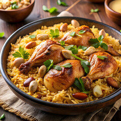 A close-up of Kabsa, Arabic dish featuring spiced rice, tender chicken, and garnished with crunchy almonds.