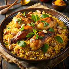 Fototapeta premium A close-up of Kabsa, Arabic dish featuring spiced rice, tender chicken, and garnished with crunchy almonds.