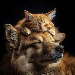 A tranquil scene featuring a cat peacefully resting on a dog's head, showcasing the bond between these two animals.