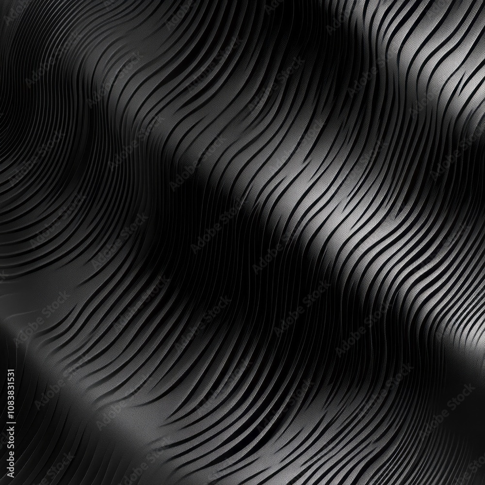 Poster a black and white image of a wave with a shiny, metallic texture