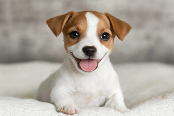 A small, tan and white Jack Russell puppy lies contentedly on a white, fluffy surface