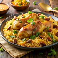 Fototapeta premium A close-up of Kabsa, Arabic dish featuring spiced rice, tender chicken, and garnished with crunchy almonds.