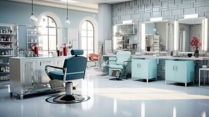 A photo of a beauty salons chic hair styling area.