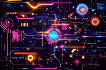 Fototapeta premium Vibrant RGB Motherboard Components in Flat Line Art