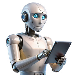 Ai robot using tablet isolate on transparency background PNG