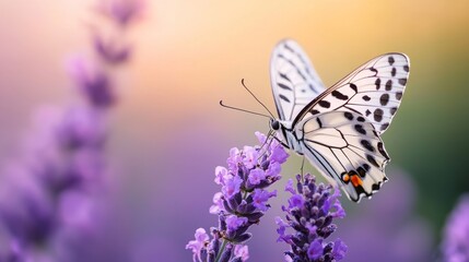 Obraz premium A delicate butterfly perched on lavender blooms, showcasing intricate wing patterns against a soft, colorful background.