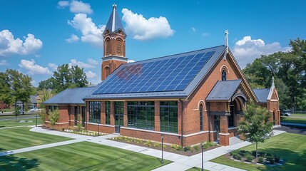 Solar panels installed roof of a large modern church with a steeple rising above and a community park in the background