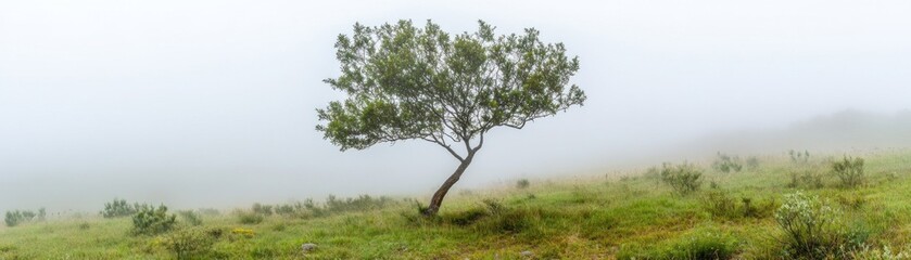 A solitary tree stands in a foggy landscape, creating a serene and tranquil atmosphere.