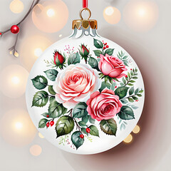 Shabby Chic Roses Christmas Bauble: Feminine Touch, Cozy Lighting, Watercolor Clip Art, Vector Image on Flat White Background