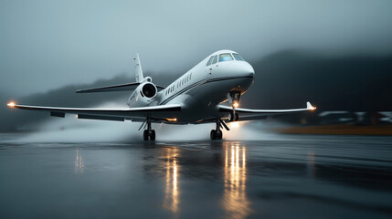 Obraz premium Private jet landing on wet runway in foggy weather with lights reflecting on water surface in muted tones