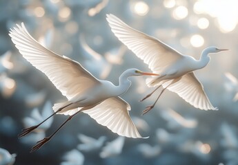 Fototapeta premium Here's a possible and keyword list for your stock photo.. Two white herons in flight amidst flock.