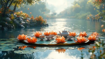  Serene tea ceremony on a tranquil lily pad.