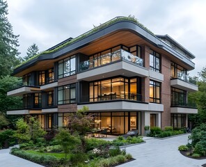 Fototapeta premium A four storey modern mid rise apartment with metal wood beige brick and glass cladding featuring an oval roof and green roof in darker earthy tones