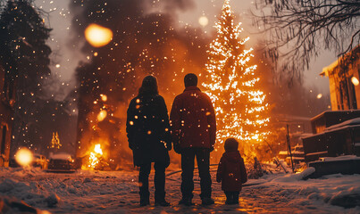 Obraz premium Family stands in snow near a glowing Christmas tree, watching their burned home. A tragic moment under snowfall, blending warmth of lights with destruction. Loss, resilience, or tragedy