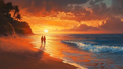 Obraz premium Imagine a breathtaking sunset on a secluded beach, with a couple sharing an intimate moment as the waves gently roll onto the shore