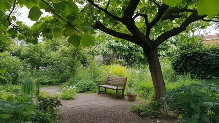 Obraz premium A serene garden scene featuring a bench surrounded by lush greenery and vibrant plants.