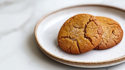 Fototapeta premium Two freshly baked cookies on a simple plate, highlighting their texture and sweetness.