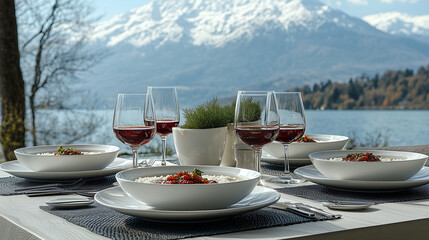 Gourmet Mountain Escape: A serene dining experience with exquisite views. The table is set with elegant white dishes, filled with steaming meals. Glasses of rich red wine are arranged alongside.