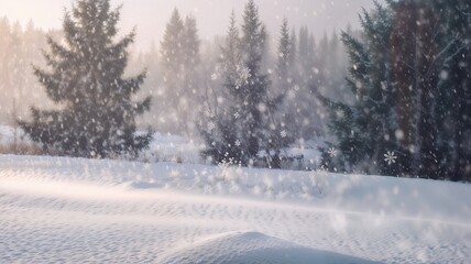 Obraz premium A gentle snowfall cascades over a winter landscape, featuring distant tree silhouettes. Varying snowflake sizes.