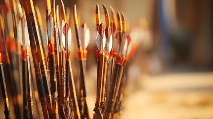 A photo of a row of archery bows and arrows.