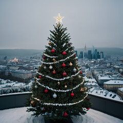 Christmas tree in a snowy atmosphere with the city in the background