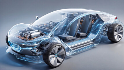 Digital rendering of a transparent high tech electric car