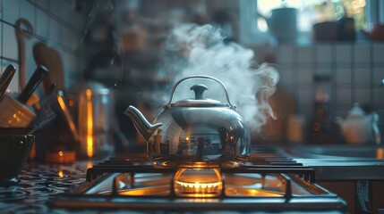 Obraz premium A minimalist shot of a stainless steel kettle whistling on a stove