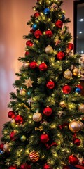 Beautifully decorated Christmas tree with twinkling lights and colorful ornaments, decoration