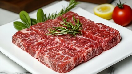 Fototapeta premium Close-up of fresh raw beef meat, beef, steak, red meat, uncooked, protein, fresh, butcher, marbling, ingredient, culinary