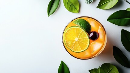 Top view of a refreshing citrus cocktail with ice cubes and a cherry, garnished with slices of lime and orange, surrounded by green leaves on a white background.
