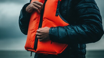 Person Wearing Bright Orange Life Jacket in Rainy Conditions on the Shore, Emphasizing Safety and Preparedness for Water Activities and Adventures