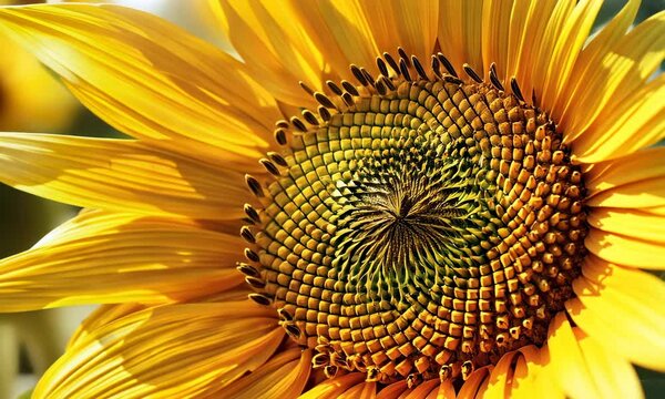 Close-up of vibrant sunflower with intricate details on its spiraling seed pattern and bright yellow petals