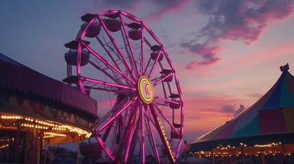 A vibrant Ferris wheel, adorned with neon lights, stands against a sunset sky. The amusement park's circus tent adds to the magical atmosphere