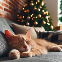 Katze auf dem Sofa liegend in der Weihnachtszeit
